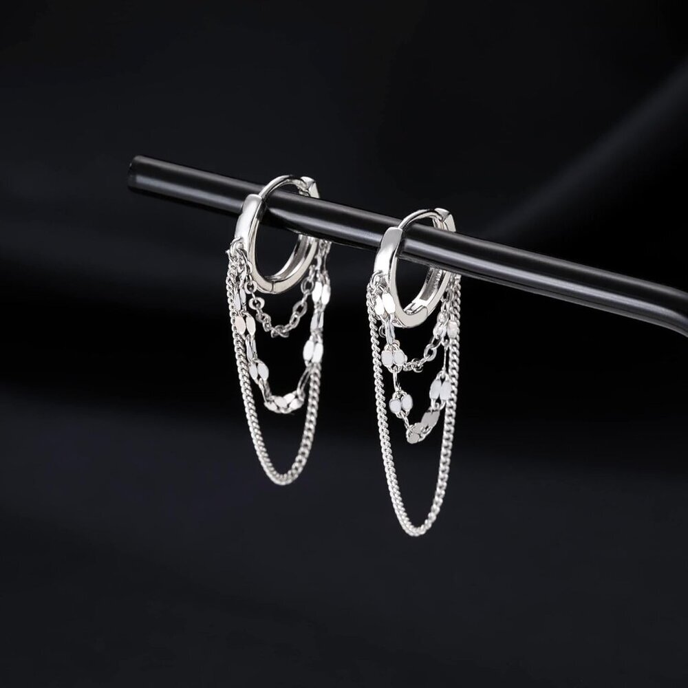 Solid 925 Sterling Silver Chain Drop Earrings Hoo… - image 6
